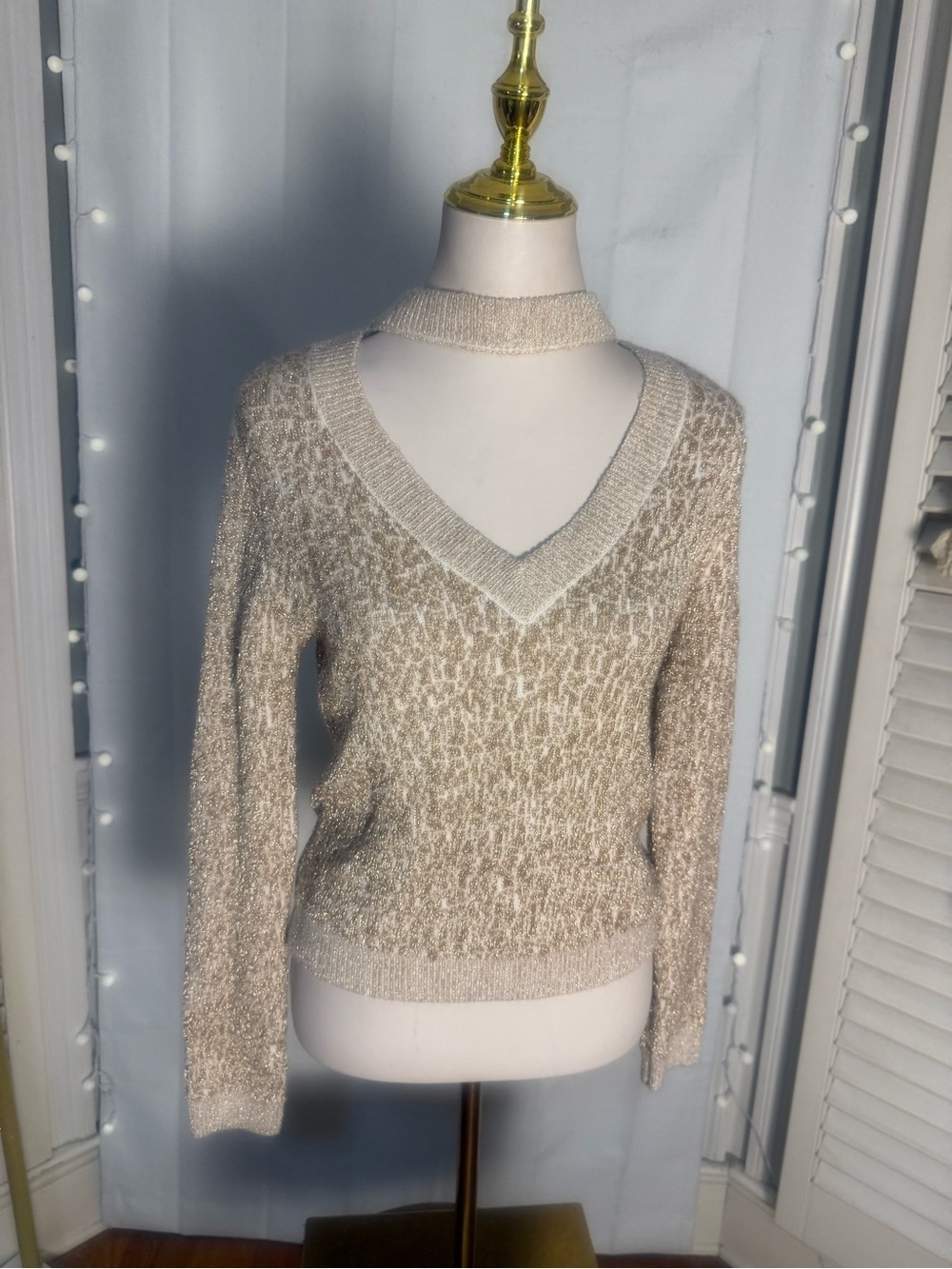 Endless Rose Metallic Gold Cream Sweater L V Neck Sparkle Knit Holiday